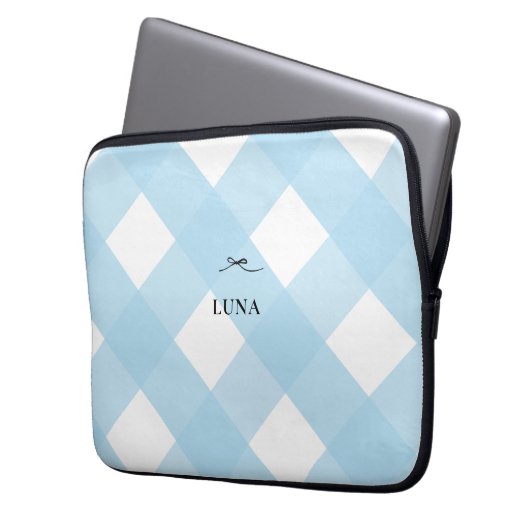 Modern Simple Black Bow Blue Monogram Gingham Laptopschutzhülle (Vorderseite Links)