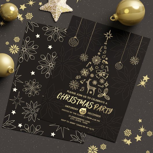 Modern Simple Black & Gold Eleganter Weihnachtsbau Folieneinladung