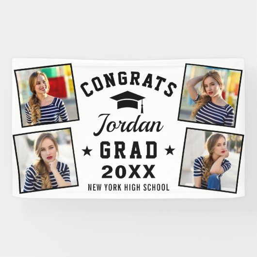 Modern Simple Black White Graduation Party 4 FOTO Banner (Horizontal)