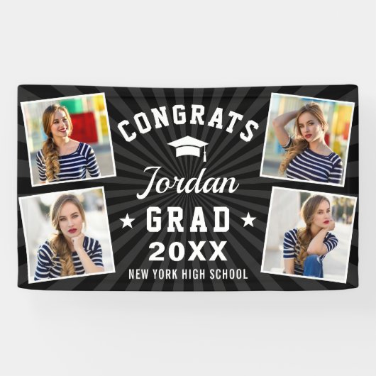 Modern Simple Black White Graduation Party 4 FOTO Banner (Horizontal)