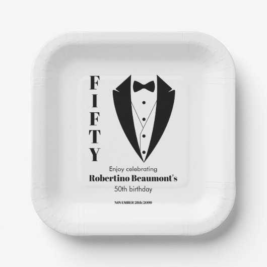 Modern Simple Black White Tuxedo 50th Birthday Pappteller (Vorderseite)
