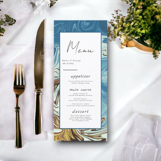 Modern Simple Blue Abstrakt Art Artistic Wedding Menükarte
