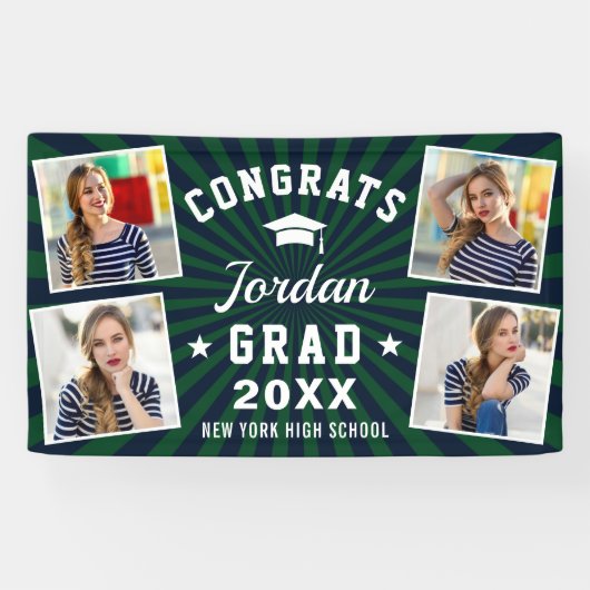 Modern Simple Blue Green Graduation Party 4 FOTO Banner (Horizontal)