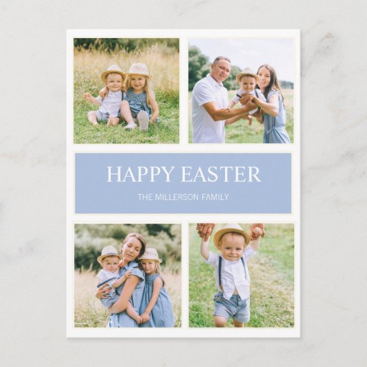 Modern Simple Blue Happy Easter 4 Family Foto Postkarte (Vorderseite)