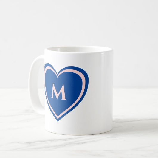 Modern Simple Blue Pink Heart Monogram Kaffeetasse (Vorderseite Links)