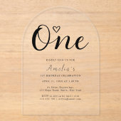 Modern Simple Boho Heart First Birthday Acryleinladungen (Vorderseite)