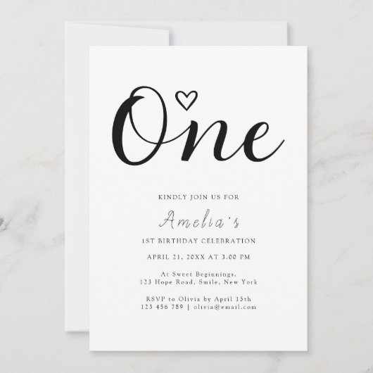 Modern Simple Boho Heart First Birthday Einladung (Vorderseite)