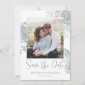 Modern Simple Chic Dusty Blue Floral Foto QR Code Save The Date (Vorderseite)