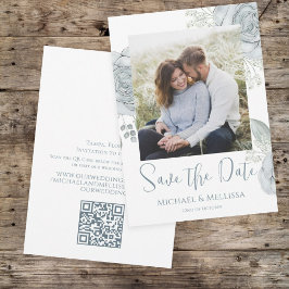 Modern Simple Chic Dusty Blue Floral Foto QR Code Save The Date