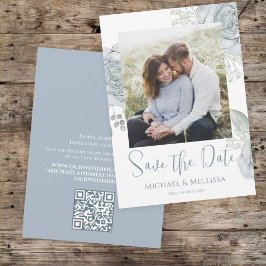 Modern Simple Chic Dusty Blue Floral Foto QR Code Save The Date