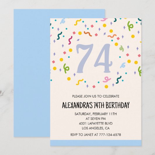 Modern Simple Confetti Einladungen zum 74. (Vorne/Hinten)