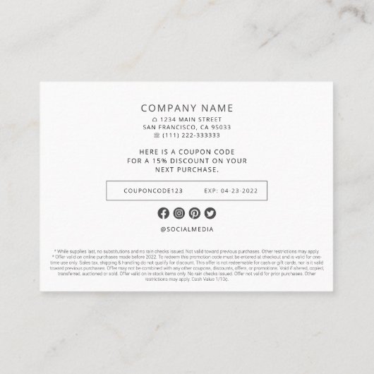 Modern Simple Custom Business Logo Coupon Promo Telefonnummerkarte (Rückseite)