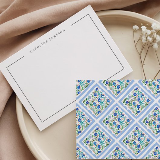 Modern Simple Floral Blue Name Flat Note Card Mitteilungskarte