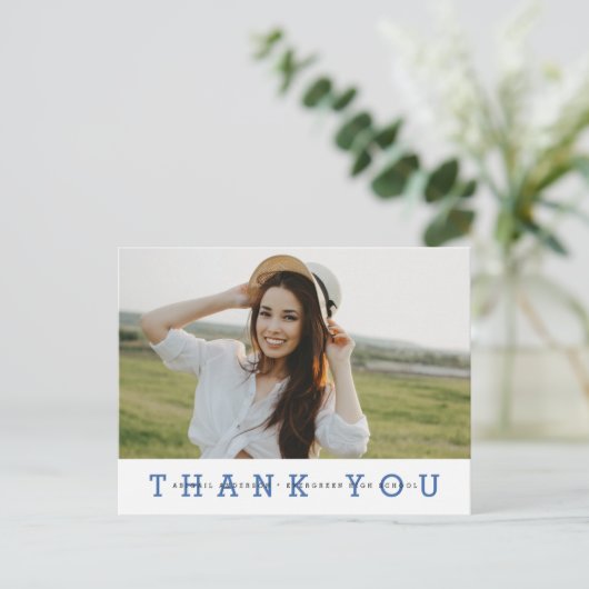 Modern Simple Foto Abschluss Vielen Dank Blue Postkarte (Stehend Vorderseite)