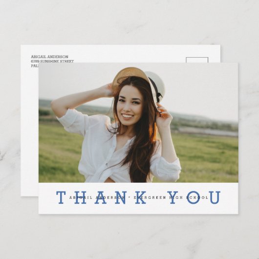 Modern Simple Foto Abschluss Vielen Dank Blue Postkarte (Vorne/Hinten)