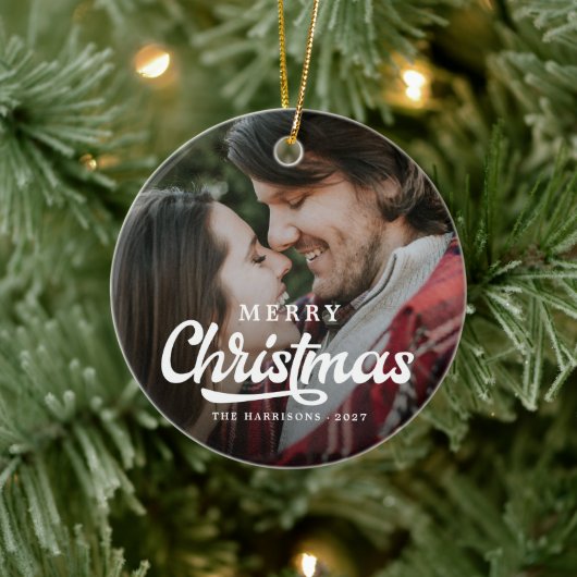 Modern Simple Foto Frohe Weihnachten Tartan Keramik Ornament (Baum)
