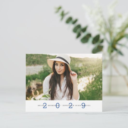 Modern Simple Foto Graduation Party Blue Postcard Postkarte (Stehend Vorderseite)