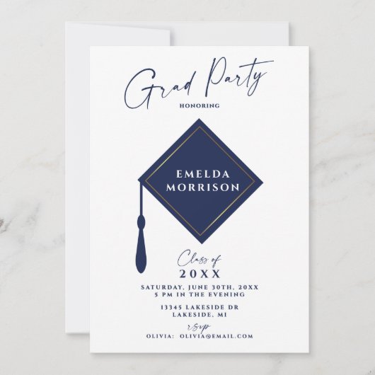 Modern Simple Foto Navy Blue Graduation Party Einladung (Vorderseite)