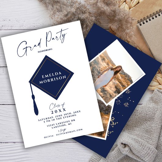 Modern Simple Foto Navy Blue Graduation Party Einladung