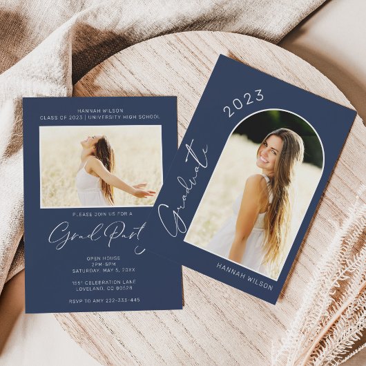 Modern Simple Foto Navy Blue Graduation Party Einladung