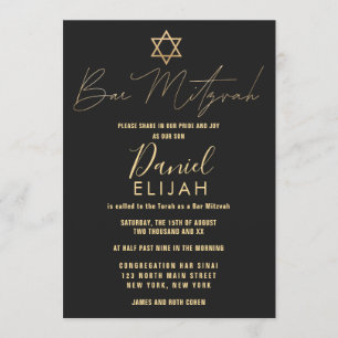 Modern Simple Gold Black Star Bar Mitzvah Einladung