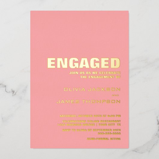 Modern Simple Gold Text Pink Engagement Party Folieneinladung (Vorderseite)