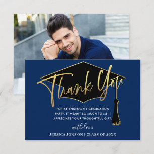Modern Simple  Golden Navy Blue Graduation PHOTO Dankeskarte