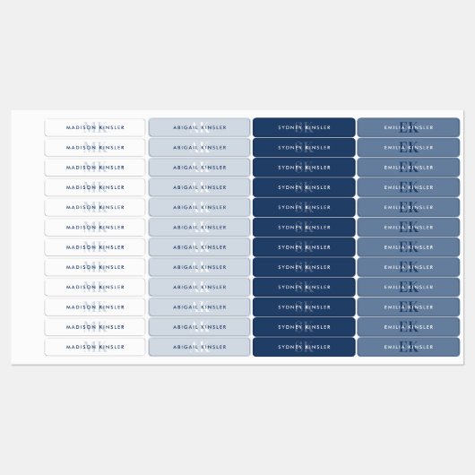 Modern Simple Initial Blue Waterproof Name Etiketten (Blatt)