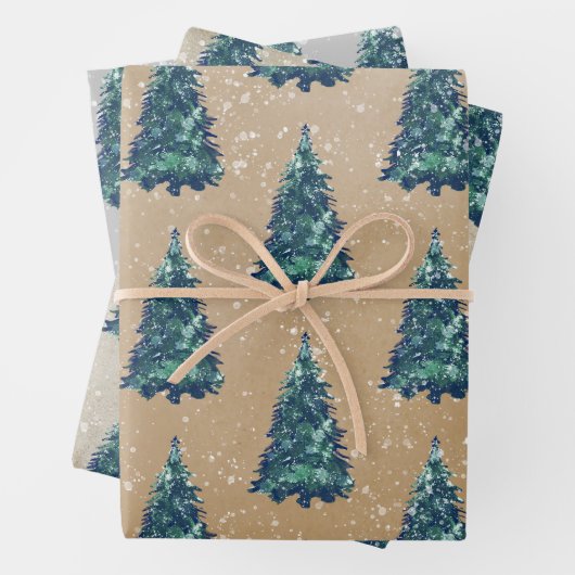 Modern Simple Kraft Snowy Green Christmas Trees Geschenkpapier Set (Beispiel)