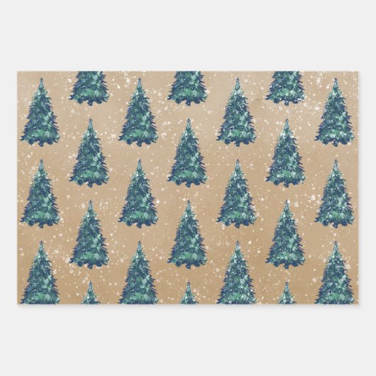 Modern Simple Kraft Snowy Green Christmas Trees Geschenkpapier Set (Vorderseite)