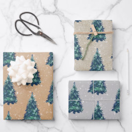 Modern Simple Kraft Snowy Green Christmas Trees Geschenkpapier Set