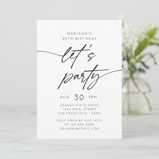 Modern Simple Let's Party Script Birthday Photo Einladung (Stehend Vorderseite)