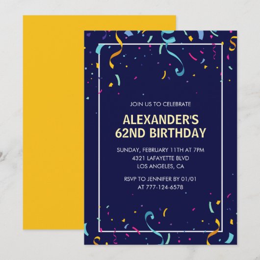 Modern Simple Men Confetti 62. Geburtstag Einladung (Vorne/Hinten)