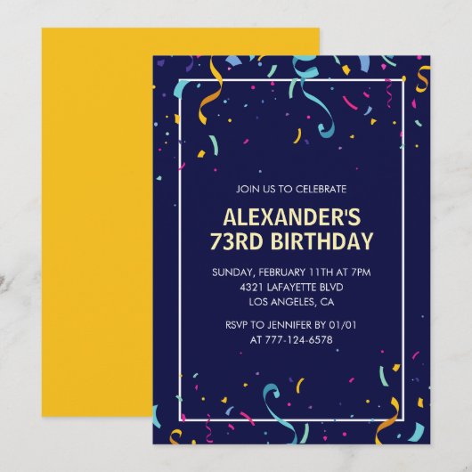 Modern Simple Men Confetti 73. Geburtstag Einladung (Vorne/Hinten)