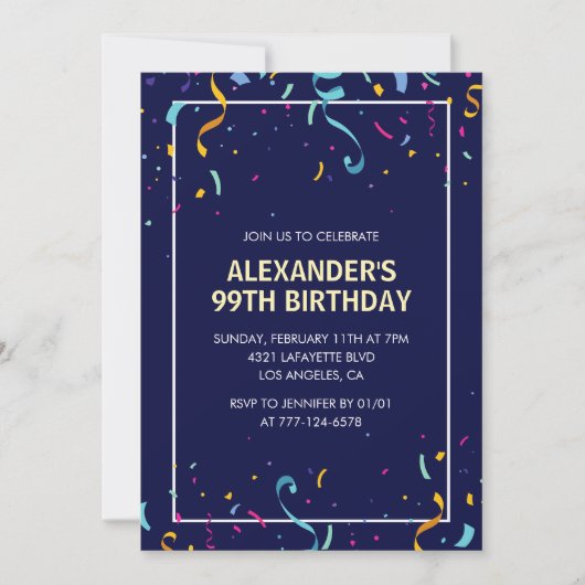 Modern Simple Men Confetti 99. Geburtstag Einladung (Vorderseite)