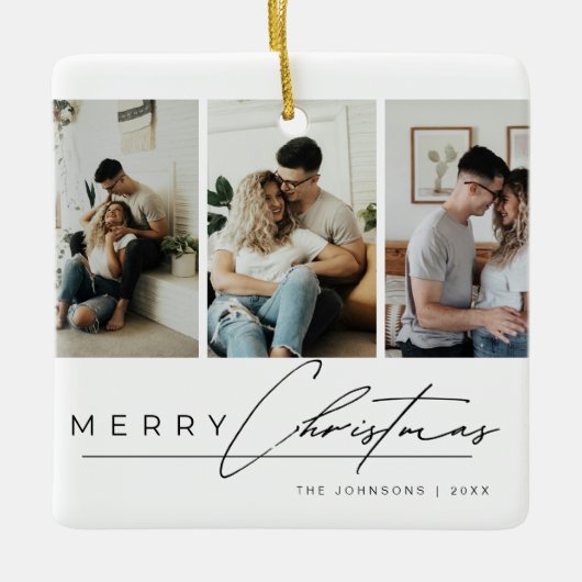 Modern Simple Merry Christmas Elegant Script Photo Keramikornament (Vorderseite)