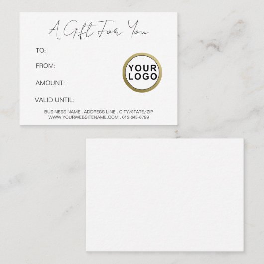 Modern Simple Minimal White Gift Certificate Visitenkarte (Vorne/Hinten)