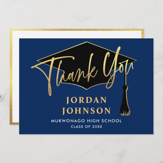 Modern Simple Minimalist Golden Navy Graduation Dankeskarte (Vorne/Hinten)