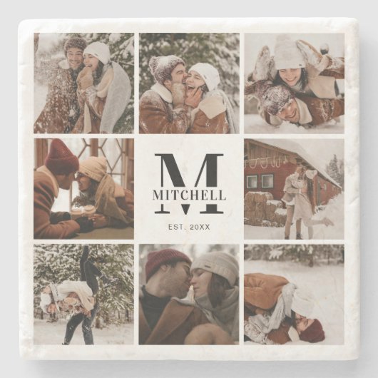 Modern Simple Monogram, Initial Family Name & Foto Steinuntersetzer (Vorderseite)