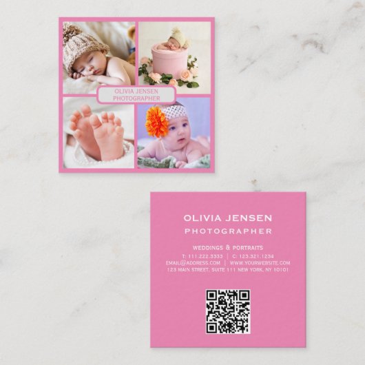 Modern Simple Newborn Fotografy Pink qr code Quadratische Visitenkarte (Vorne/Hinten)