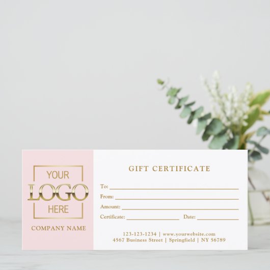 Modern Simple Pink Business Logo Gift Certificate (Stehend Vorderseite)