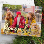 Modern Simple Playful Greetings Leaf Family Photo Folien Feiertagspostkarte<br><div class="desc">Design is composed of a simple playful cursive typography with stars. Add your family's name,  year,  and custom message.

Available here:
http://www.zazzle.com/store/selectpartysupplies</div>