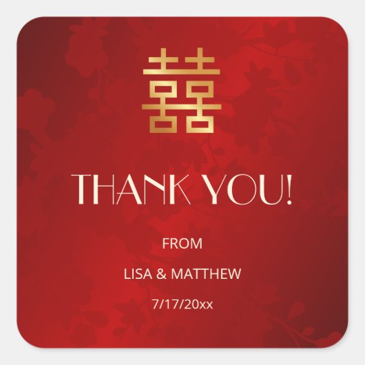 Modern Simple Red Chinese Wedding Thank You Quadratischer Aufkleber (Vorderseite)