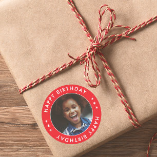 Modern Simple Red Kids Happy Birthday Foto Runder Aufkleber