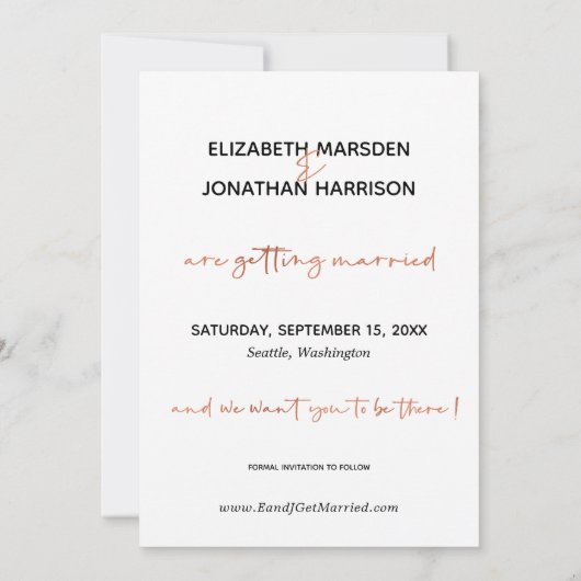 Modern Simple Rose Gold Script Es ist Ereignis Save The Date (Rückseite)