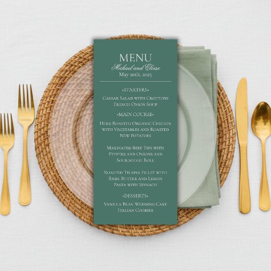 Modern Simple Sage Green Elegantes Hochzeitsessen Menükarte