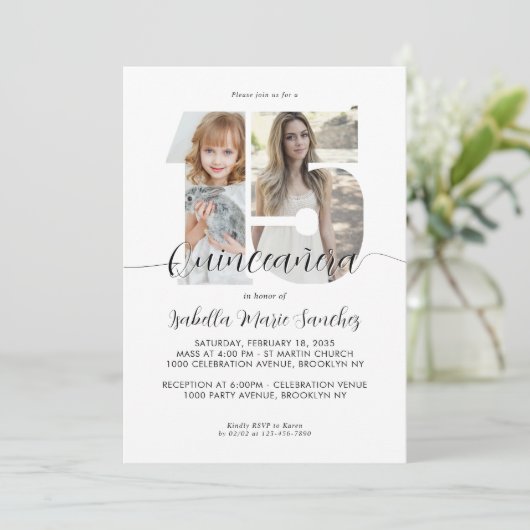 Modern Simple Script 15 Quinceanera Foto Geburtsta Einladung (Stehend Vorderseite)