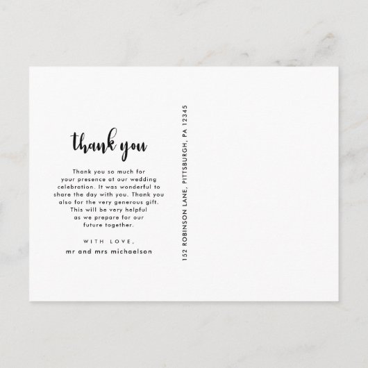Modern Simple Script Wedding Foto Vielen Dank Postkarte (Rückseite)