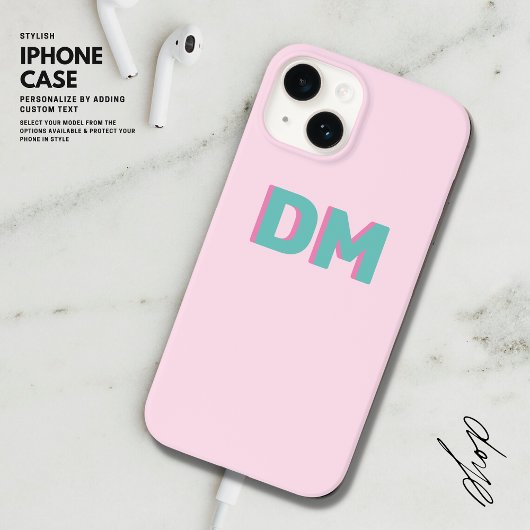 Modern Simple Shadow Monogram Initials Pink Green iPhone Hülle