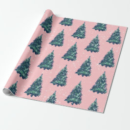 Modern Simple Snowy Green Christmas Trees Pink Geschenkpapier
